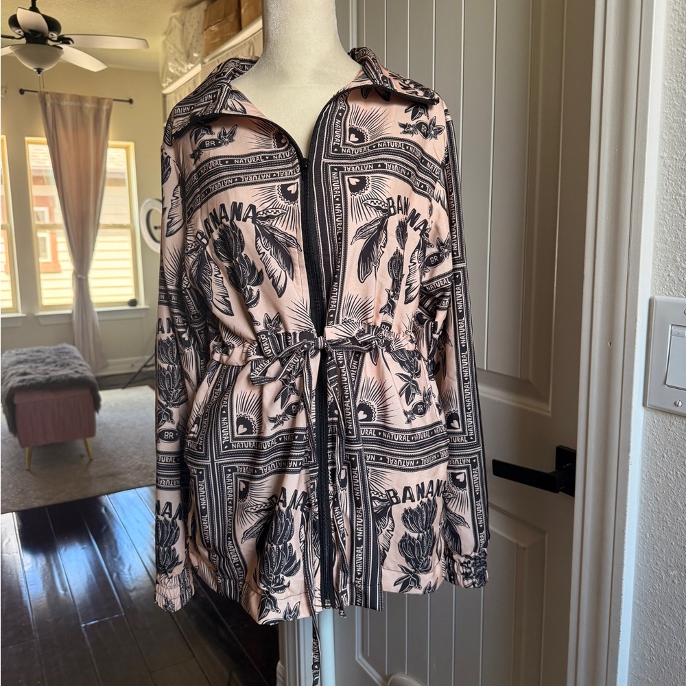 Light Pink and Black Printed Utility Jacket with Drawstring Waist
